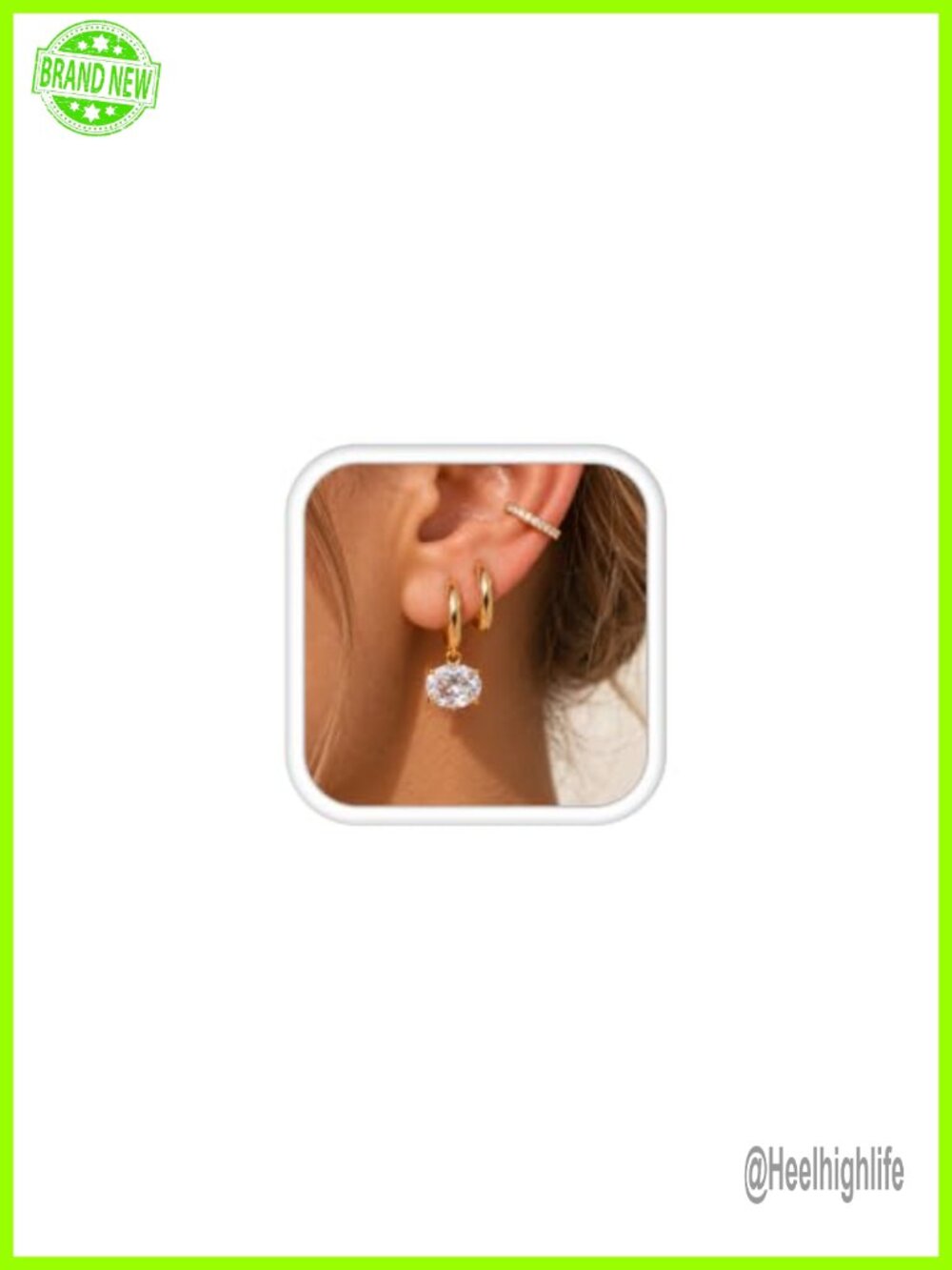 Gold Hoop Earrings Set 3 Pairs Huggie CZ Cuff Dangle Stackable